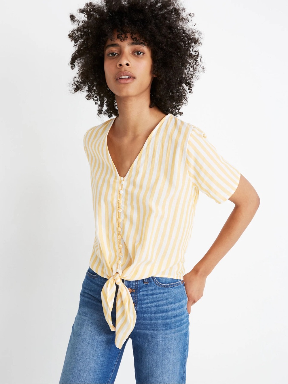 Madewell Agency Tie-Front Button Top in Pompano Stripe size L crop yellow cotton